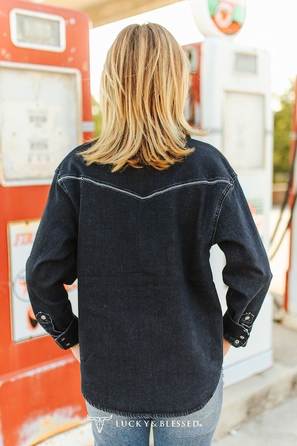 LUCKY & BLESSED Black Contrast Stitching Pearl Snap Denim Western Shirt — Modern Cowgirl Structured Fit - Rooted & Reckless Co.