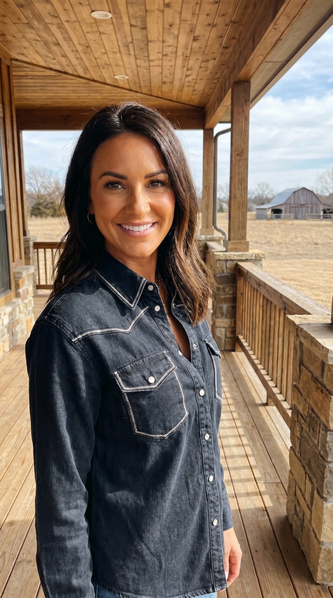 LUCKY & BLESSED Black Contrast Stitching Pearl Snap Denim Western Shirt — Modern Cowgirl Structured Fit - Rooted & Reckless Co.