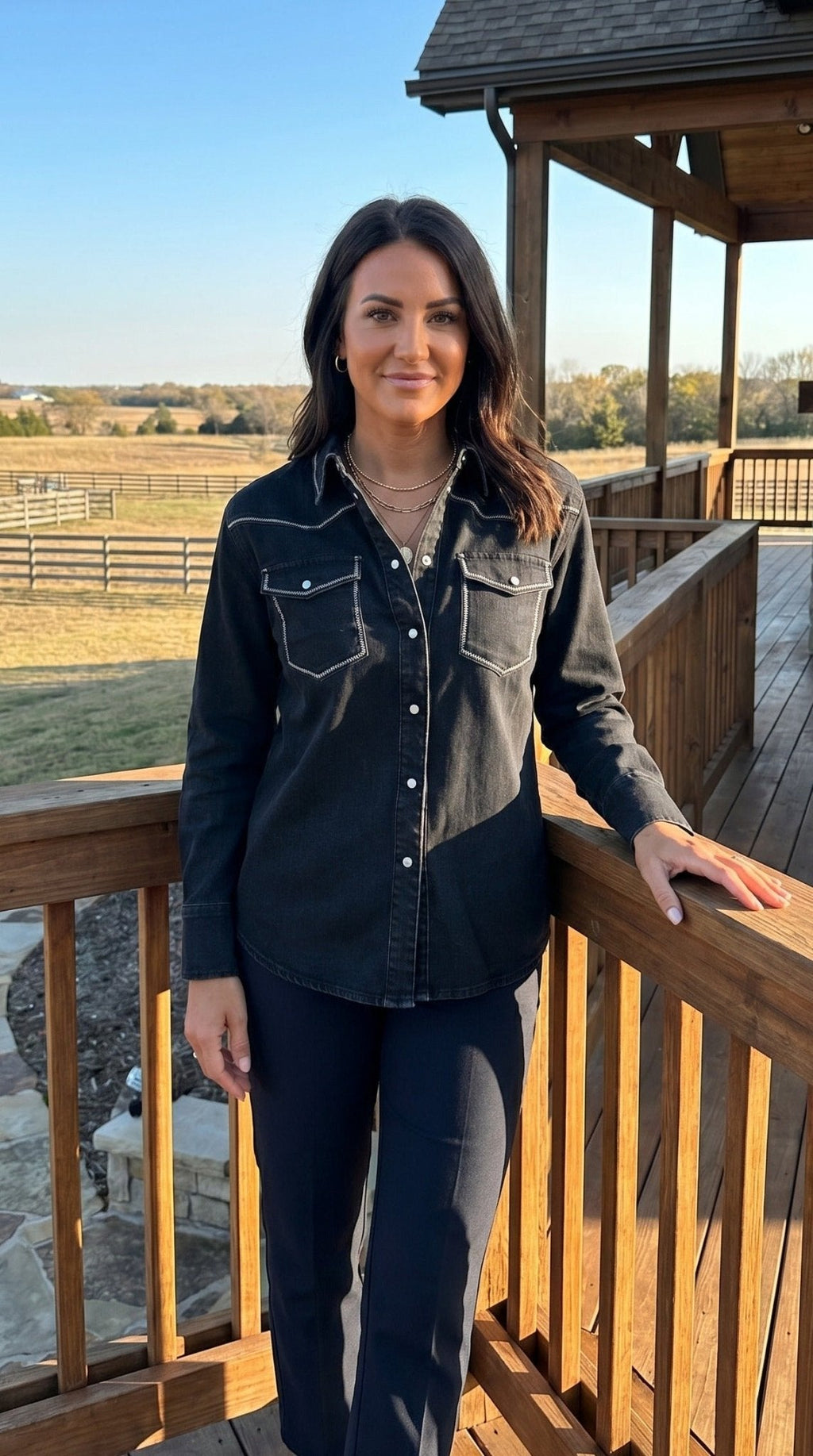 LUCKY & BLESSED Black Contrast Stitching Pearl Snap Denim Western Shirt — Modern Cowgirl Structured Fit - Rooted & Reckless Co.