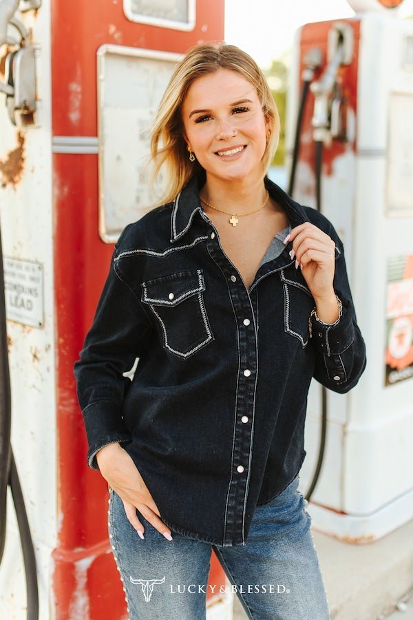 LUCKY & BLESSED Black Contrast Stitching Pearl Snap Denim Western Shirt — Modern Cowgirl Structured Fit - Rooted & Reckless Co.