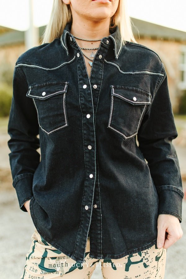 LUCKY & BLESSED Black Contrast Stitching Pearl Snap Denim Western Shirt — Modern Cowgirl Structured Fit - Rooted & Reckless Co.
