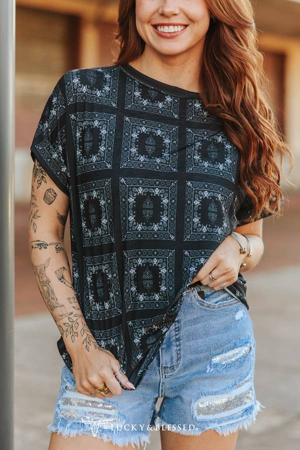 LUCKY & BLESSED Black Western Bandanna Print Rolled Cuff Short Sleeve Top - Rooted & Reckless Co.