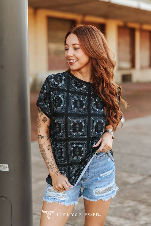 LUCKY & BLESSED Black Western Bandanna Print Rolled Cuff Short Sleeve Top - Rooted & Reckless Co.