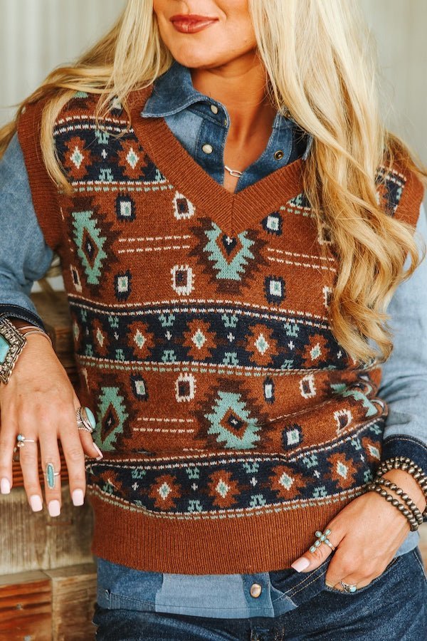 LUCKY & BLESSED Brown & Turquoise Southwestern Knit Sweater Vest — Cinnamon Base with Geometric Aztec Pattern (small remains) - Rooted & Reckless Co.