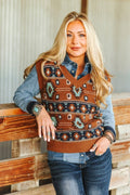LUCKY & BLESSED Brown & Turquoise Southwestern Knit Sweater Vest — Cinnamon Base with Geometric Aztec Pattern (small remains) - Rooted & Reckless Co.