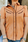 LUCKY & BLESSED Camel Suede Western Pearl Snap Top — Puff Sleeve with Contrast Arrow Piping - Rooted & Reckless Co.