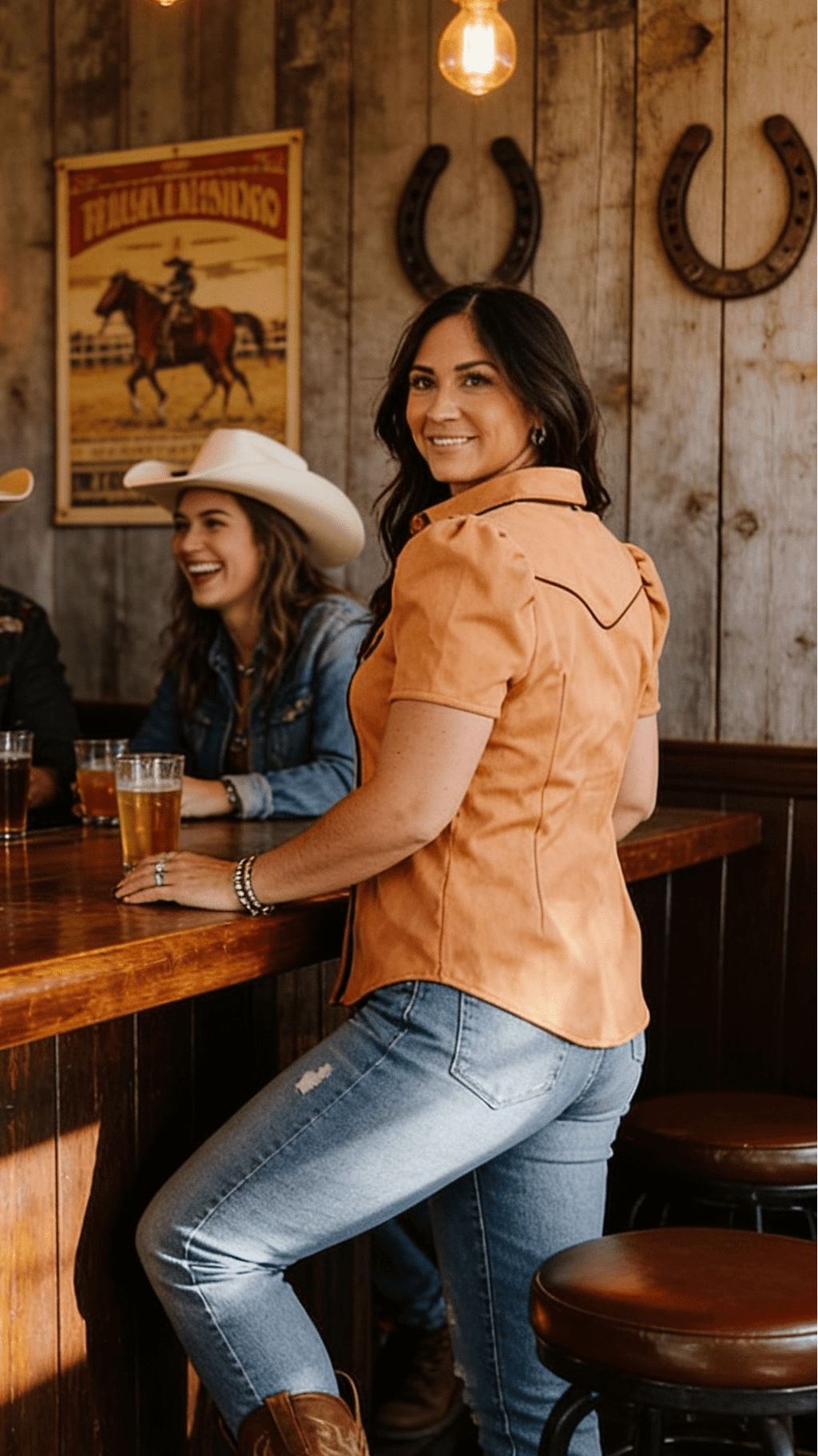 LUCKY & BLESSED Camel Suede Western Pearl Snap Top — Puff Sleeve with Contrast Arrow Piping - Rooted & Reckless Co.