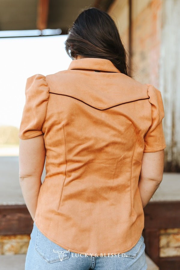LUCKY & BLESSED Camel Suede Western Pearl Snap Top — Puff Sleeve with Contrast Arrow Piping - Rooted & Reckless Co.