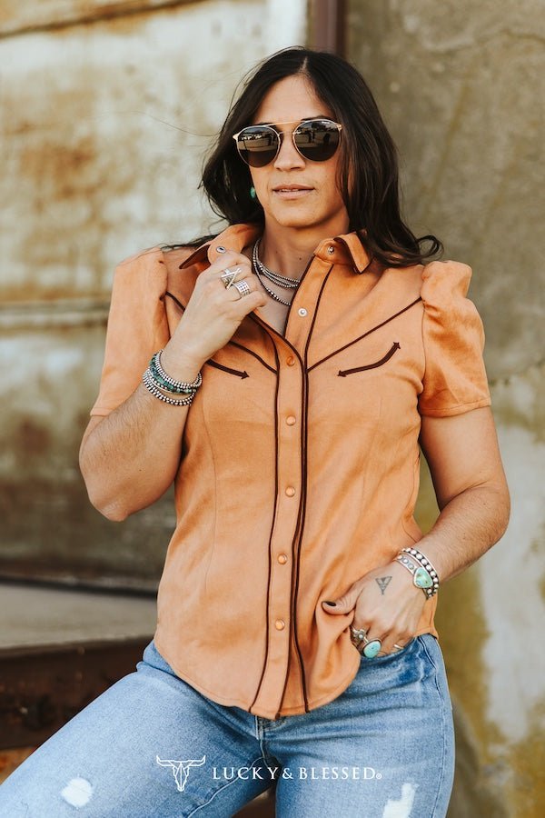 LUCKY & BLESSED Camel Suede Western Pearl Snap Top — Puff Sleeve with Contrast Arrow Piping - Rooted & Reckless Co.