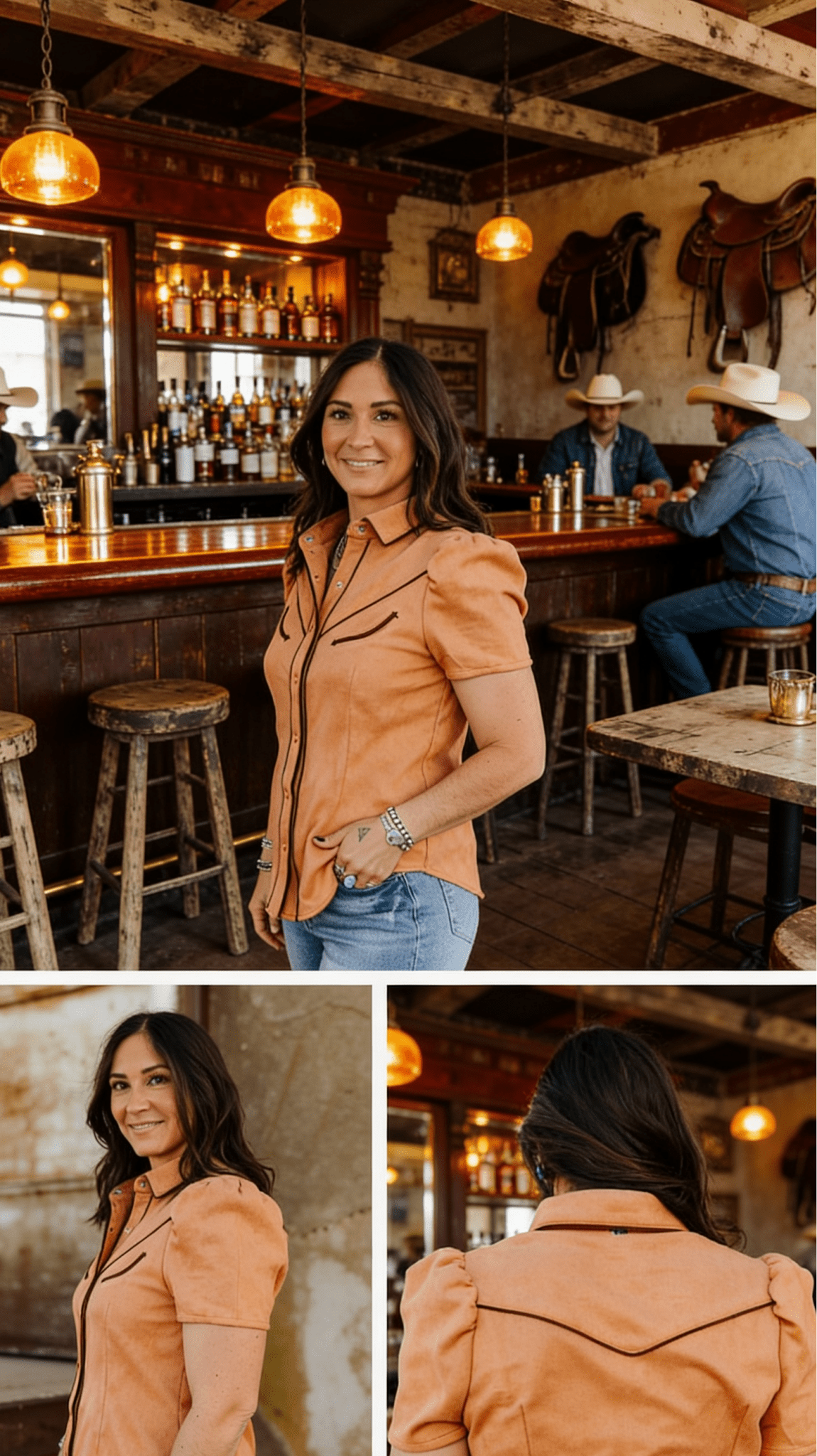 LUCKY & BLESSED Camel Suede Western Pearl Snap Top — Puff Sleeve with Contrast Arrow Piping - Rooted & Reckless Co.