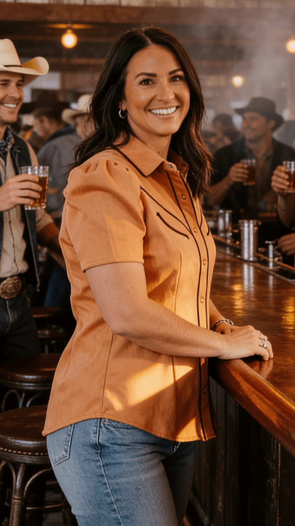 LUCKY & BLESSED Camel Suede Western Pearl Snap Top — Puff Sleeve with Contrast Arrow Piping - Rooted & Reckless Co.