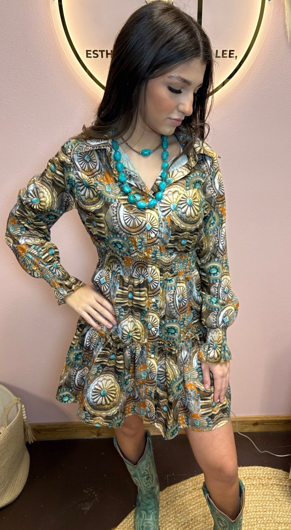 LUCKY & BLESSED Concho & Turquoise Jewelry Print Collared Ruffle Button-Down Western Shirt Dress - Rooted & Reckless Co.