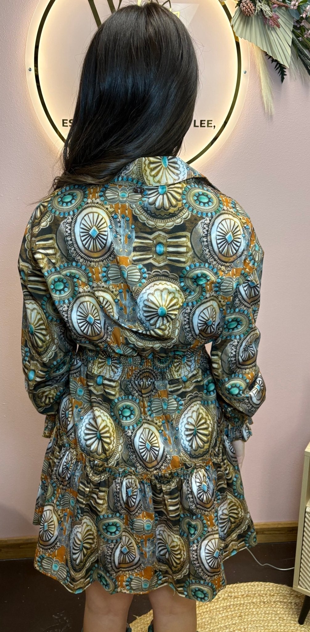 LUCKY & BLESSED Concho & Turquoise Jewelry Print Collared Ruffle Button-Down Western Shirt Dress - Rooted & Reckless Co.