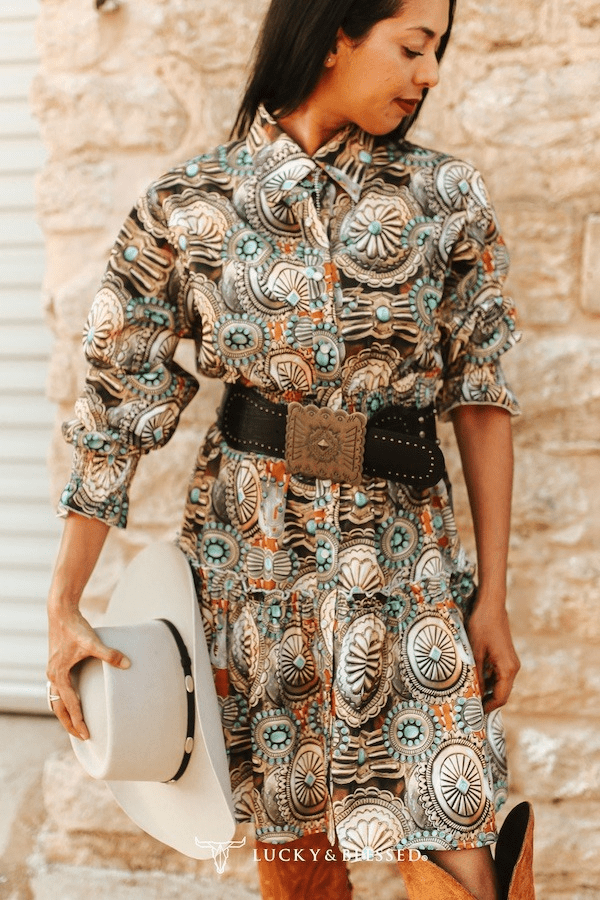 LUCKY & BLESSED Concho & Turquoise Jewelry Print Collared Ruffle Button-Down Western Shirt Dress - Rooted & Reckless Co.