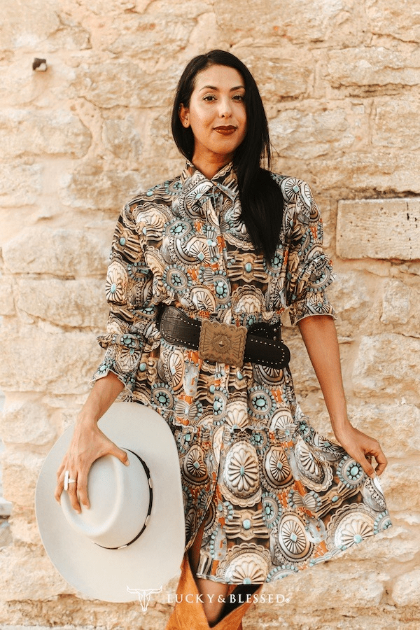 LUCKY & BLESSED Concho & Turquoise Jewelry Print Collared Ruffle Button-Down Western Shirt Dress - Rooted & Reckless Co.