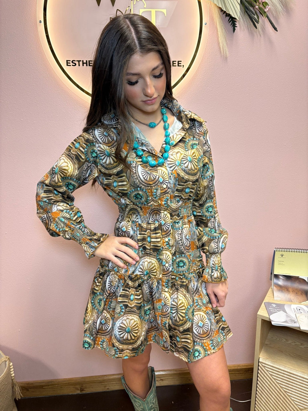 LUCKY & BLESSED Concho & Turquoise Jewelry Print Collared Ruffle Button-Down Western Shirt Dress - Rooted & Reckless Co.