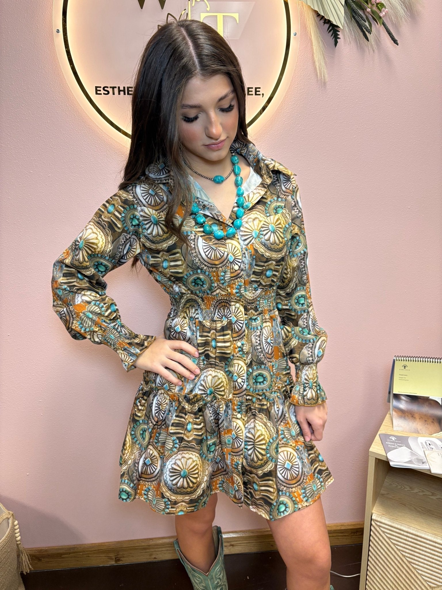 LUCKY & BLESSED Concho & Turquoise Jewelry Print Collared Ruffle Button-Down Western Shirt Dress - Rooted & Reckless Co.