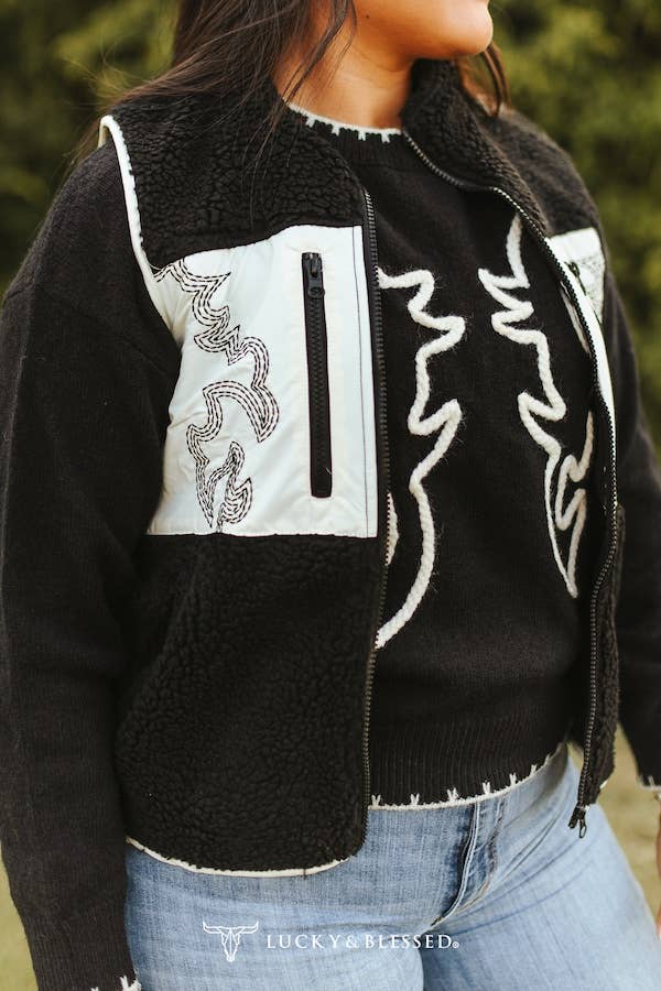LUCKY & BLESSED Contrast Black Sherpa Western Vest — Cream Quilted Panels with Boot Stitch Aztec Embroidery & Dual Zip Pockets - Rooted & Reckless Co.