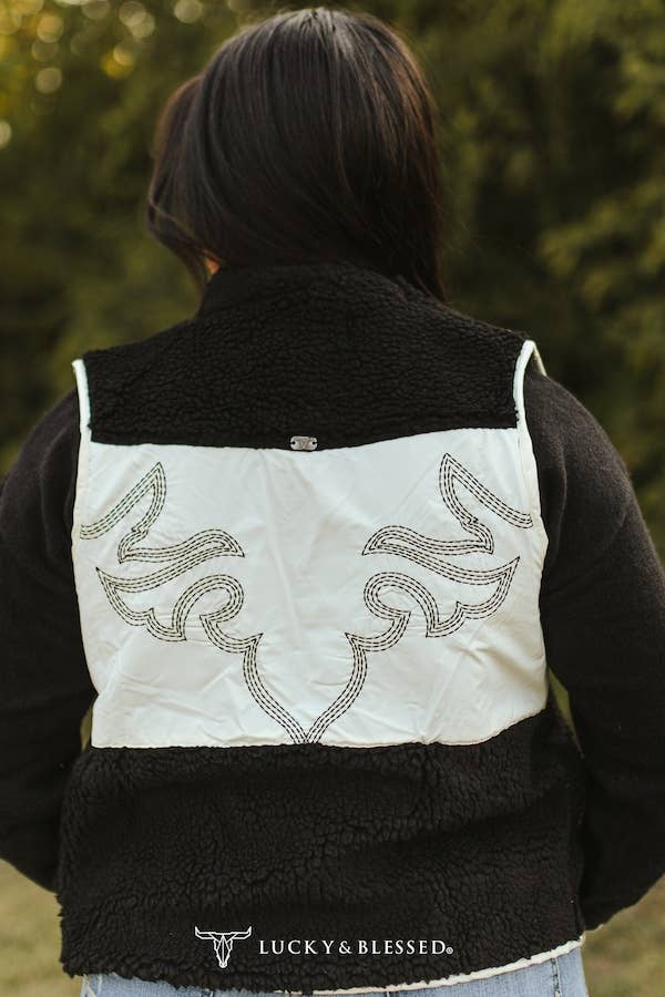 LUCKY & BLESSED Contrast Black Sherpa Western Vest — Cream Quilted Panels with Boot Stitch Aztec Embroidery & Dual Zip Pockets - Rooted & Reckless Co.