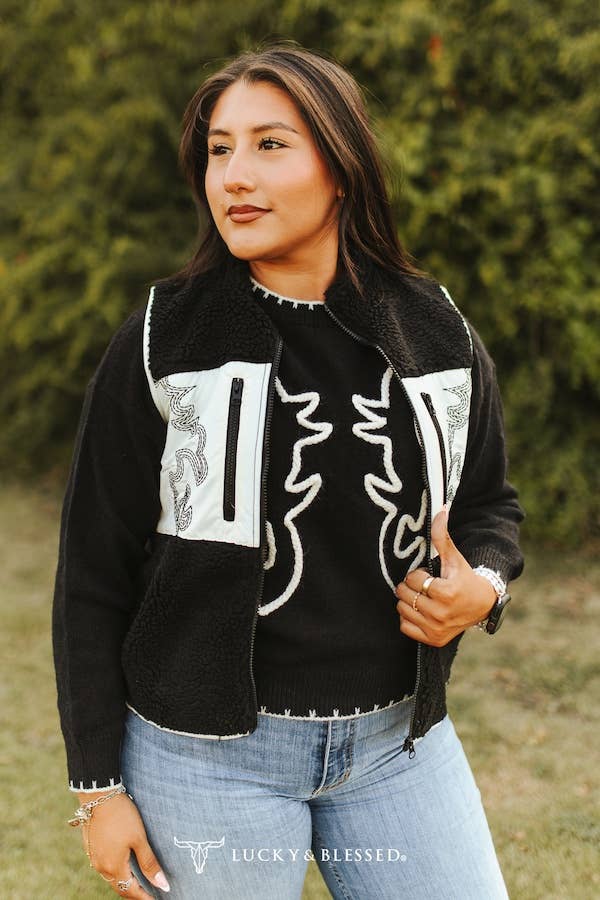 LUCKY & BLESSED Contrast Black Sherpa Western Vest — Cream Quilted Panels with Boot Stitch Aztec Embroidery & Dual Zip Pockets - Rooted & Reckless Co.