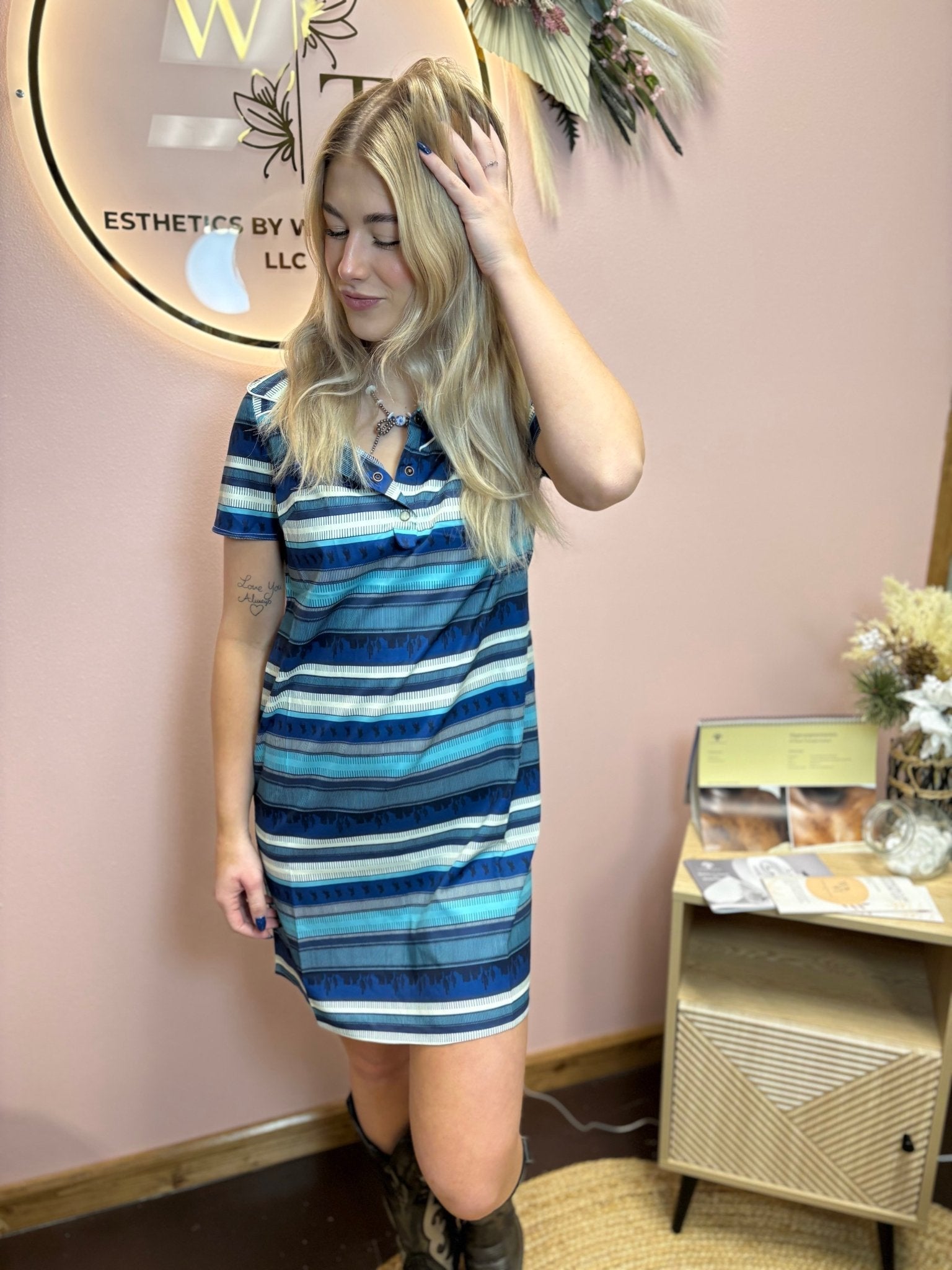 LUCKY & BLESSED "Desert Horizon" Blue Serape Western Polo Dress with Pockets — Southwestern Stretch Knit - Rooted & Reckless Co.