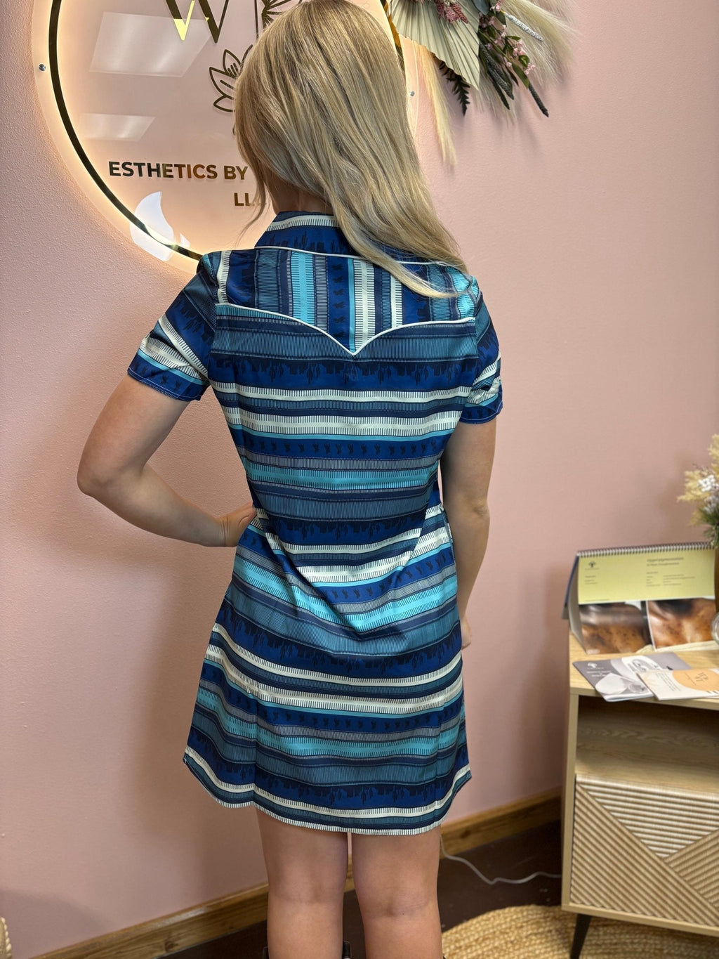 LUCKY & BLESSED "Desert Horizon" Blue Serape Western Polo Dress with Pockets — Southwestern Stretch Knit - Rooted & Reckless Co.
