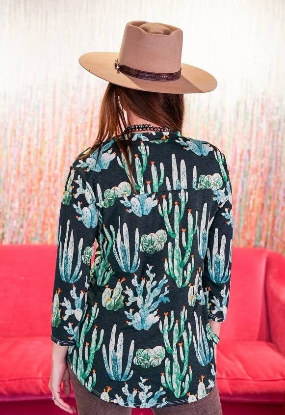 LUCKY & BLESSED "Green Cactus Bulgari" V-Neck Collared Western Top — 3/4 Sleeve Wrinkle-Free Loose Fit - Rooted & Reckless Co.