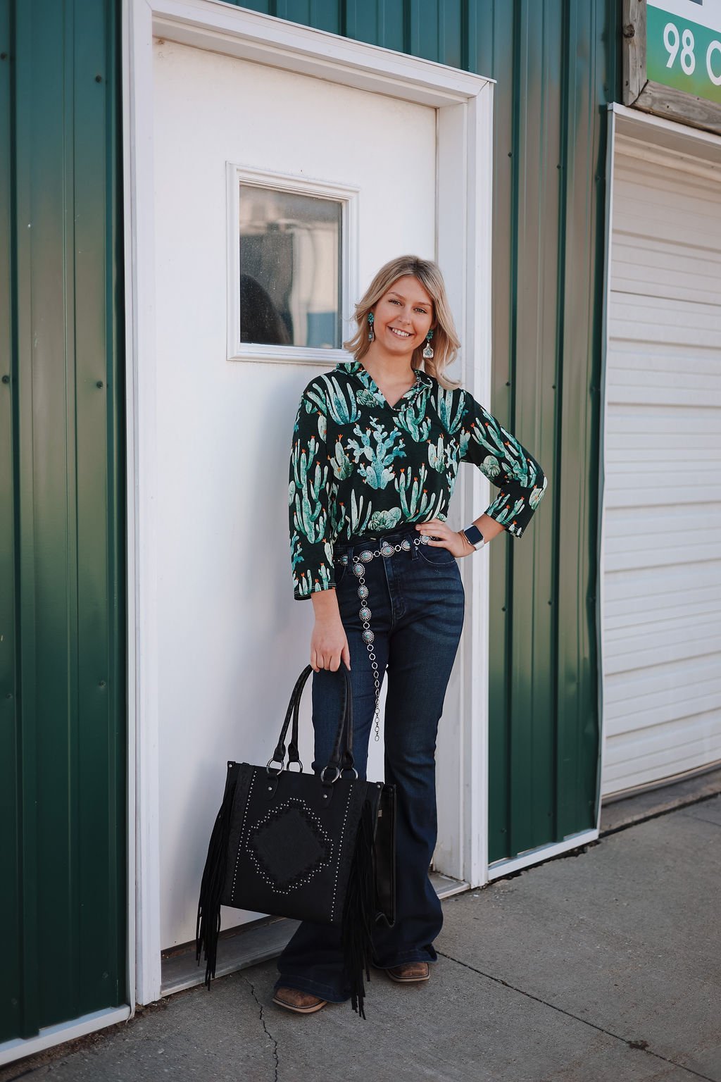 LUCKY & BLESSED "Green Cactus Bulgari" V-Neck Collared Western Top — 3/4 Sleeve Wrinkle-Free Loose Fit - Rooted & Reckless Co.