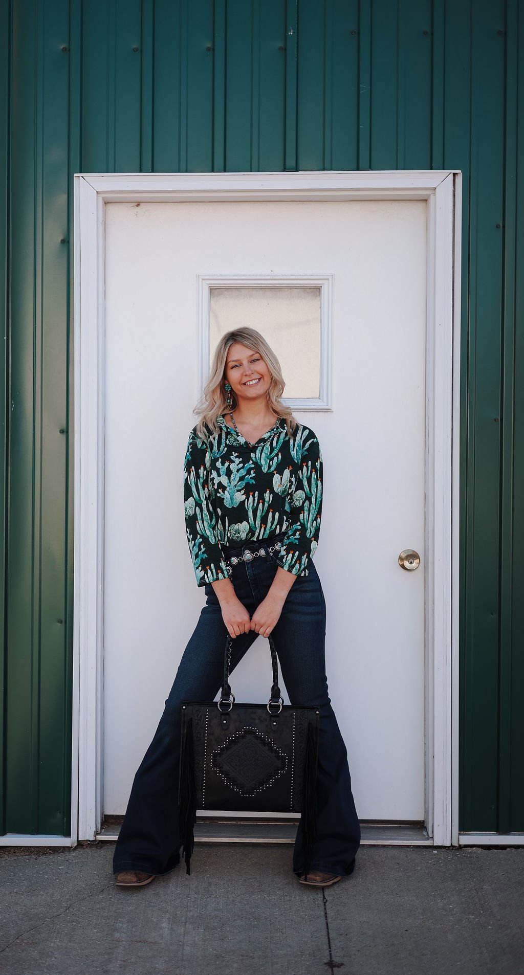 LUCKY & BLESSED "Green Cactus Bulgari" V-Neck Collared Western Top — 3/4 Sleeve Wrinkle-Free Loose Fit - Rooted & Reckless Co.