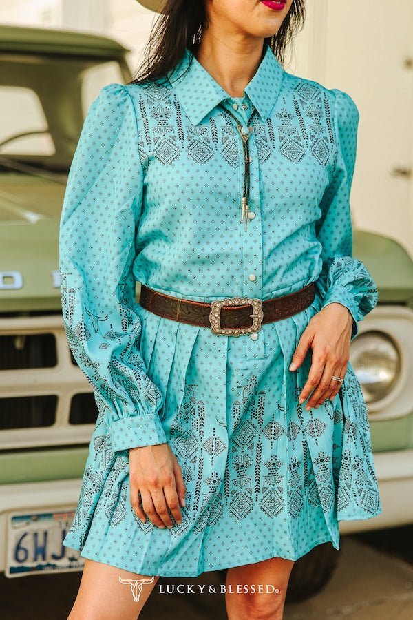 LUCKY & BLESSED "Jade Aztec" Pearl Snap Long-Sleeve Pleated Western Dress — Bold Aztec Print with Pleated Skirt - Rooted & Reckless Co.