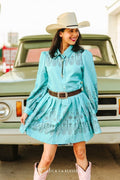LUCKY & BLESSED "Jade Aztec" Pearl Snap Long-Sleeve Pleated Western Dress — Bold Aztec Print with Pleated Skirt - Rooted & Reckless Co.