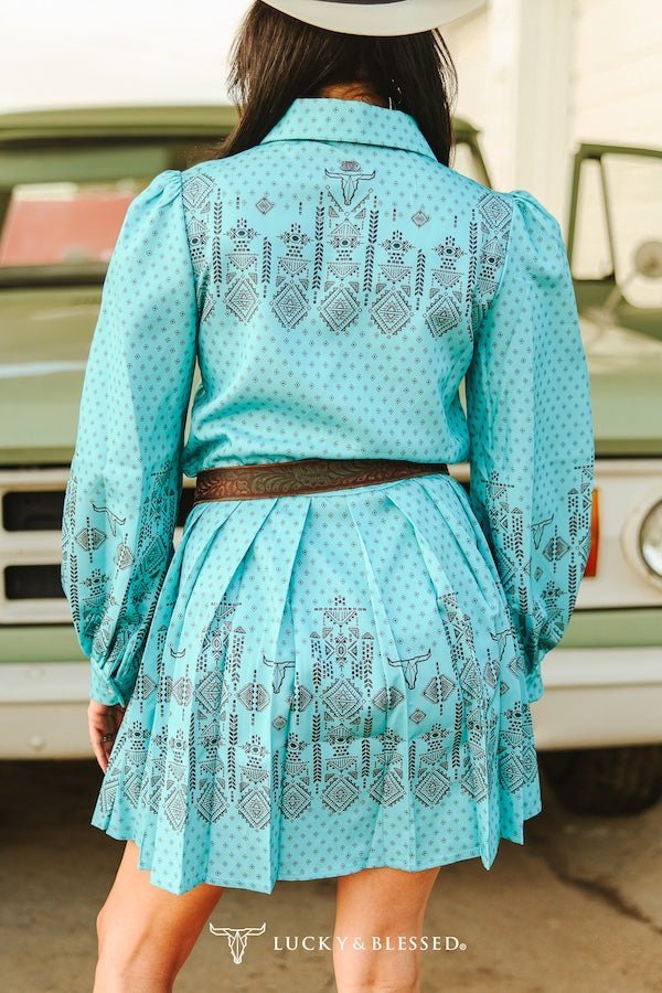 LUCKY & BLESSED "Jade Aztec" Pearl Snap Long-Sleeve Pleated Western Dress — Bold Aztec Print with Pleated Skirt - Rooted & Reckless Co.
