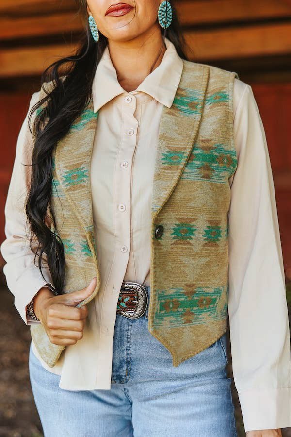LUCKY & BLESSED "Jade Aztec" Wool-Blend Concho Button Western Vest — Sage Base with Jade & Turquoise Aztec Motifs - Rooted & Reckless Co.