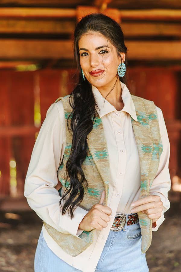 LUCKY & BLESSED "Jade Aztec" Wool-Blend Concho Button Western Vest — Sage Base with Jade & Turquoise Aztec Motifs - Rooted & Reckless Co.