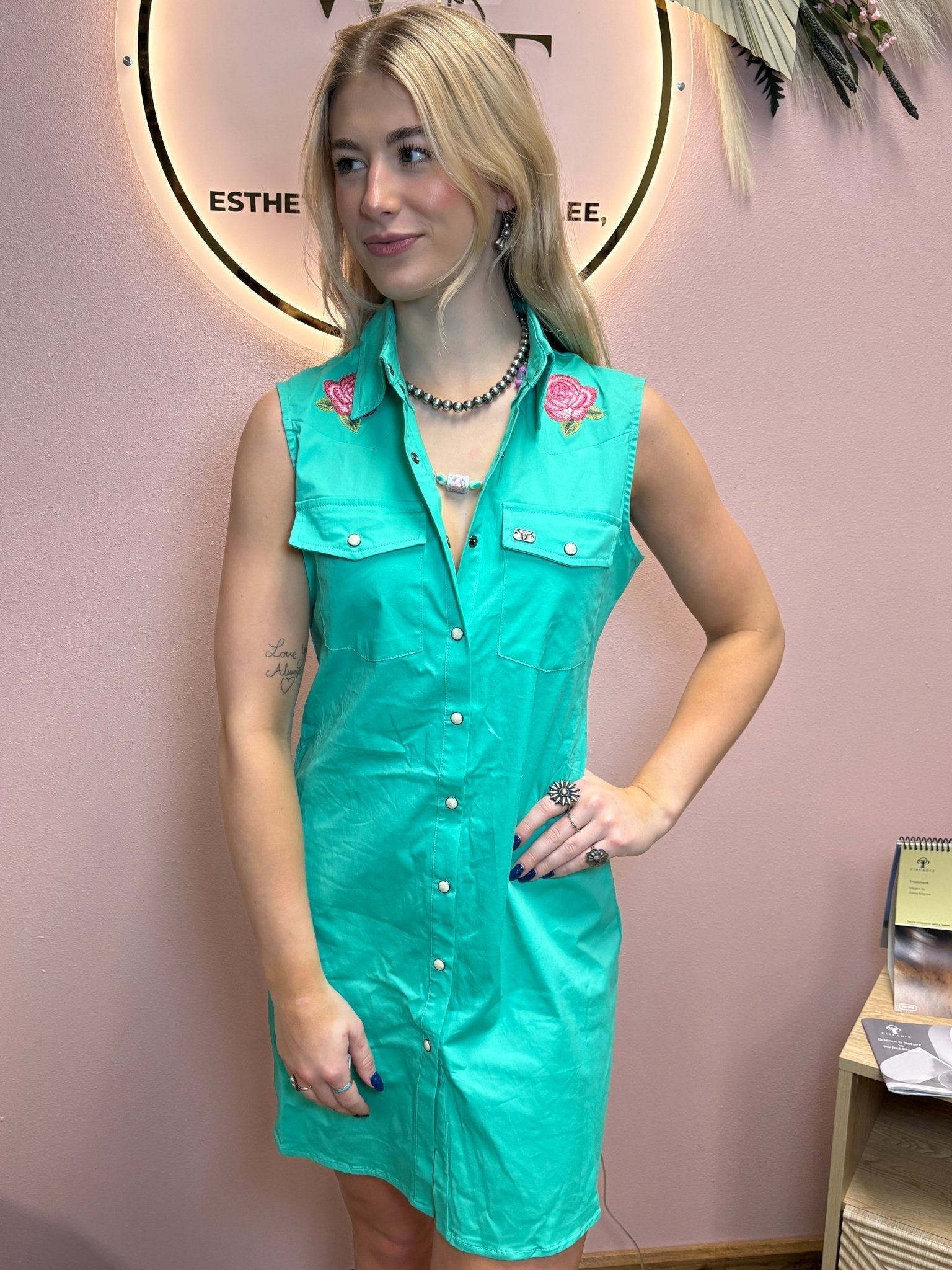 LUCKY & BLESSED "Jade" Pearl Snap Floral Embroidered Sleeveless Stretch Western Tunic Dress - Rooted & Reckless Co.