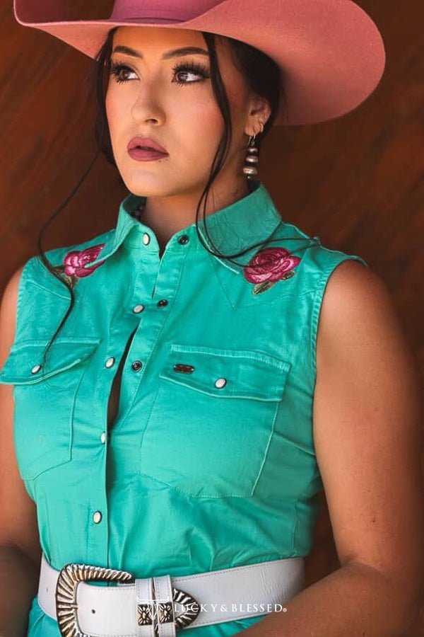 LUCKY & BLESSED "Jade" Pearl Snap Floral Embroidered Sleeveless Stretch Western Tunic Dress - Rooted & Reckless Co.