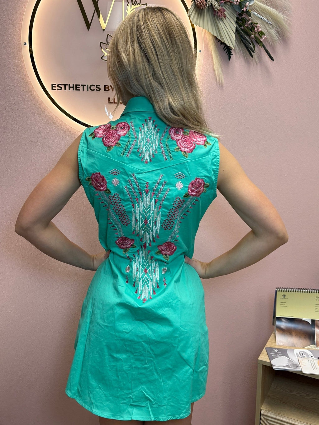 LUCKY & BLESSED "Jade" Pearl Snap Floral Embroidered Sleeveless Stretch Western Tunic Dress - Rooted & Reckless Co.