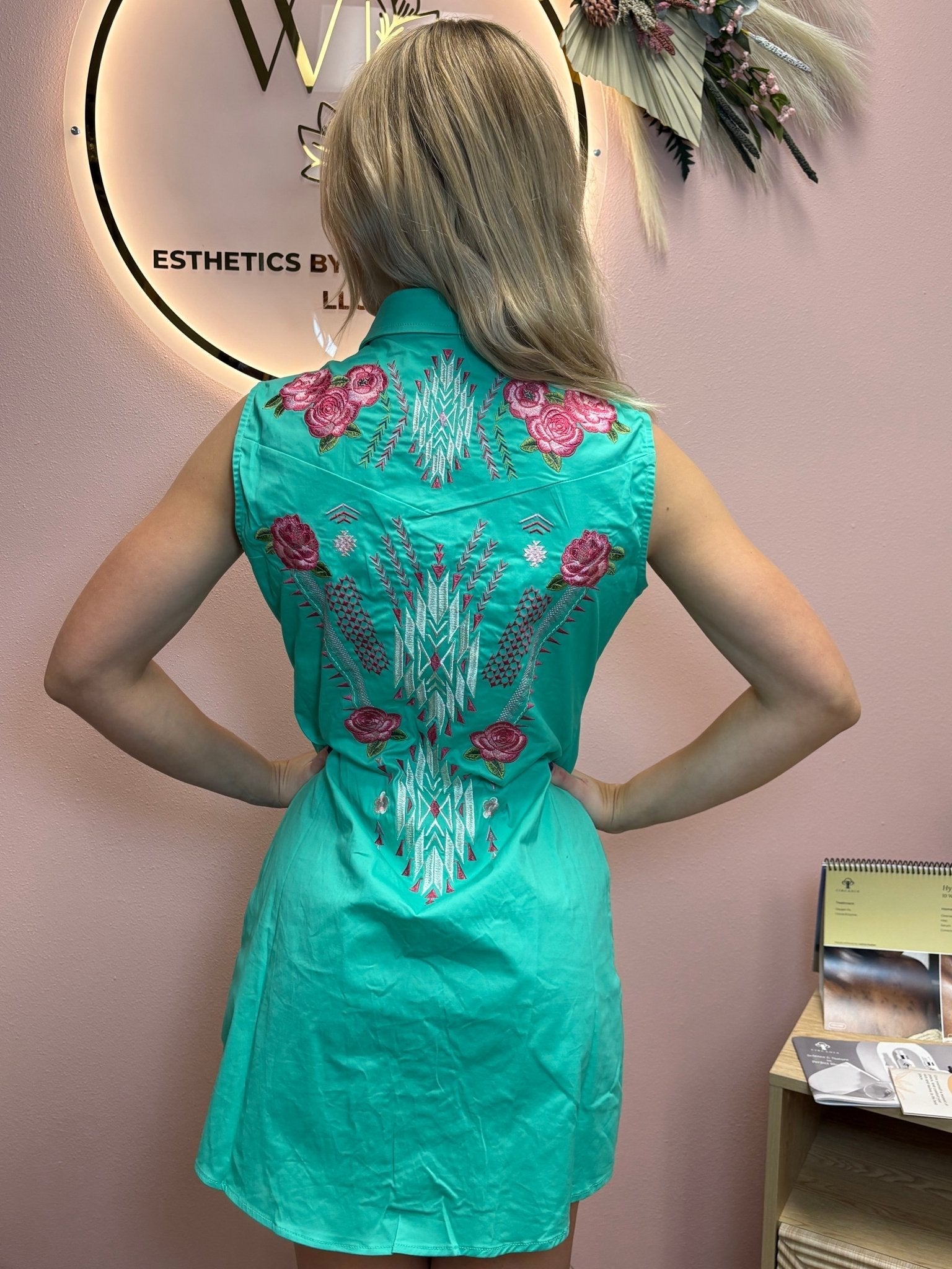 LUCKY & BLESSED "Jade" Pearl Snap Floral Embroidered Sleeveless Stretch Western Tunic Dress - Rooted & Reckless Co.