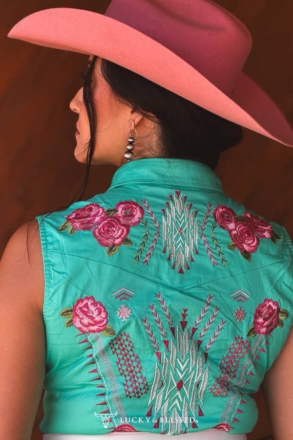 LUCKY & BLESSED "Jade" Pearl Snap Floral Embroidered Sleeveless Stretch Western Tunic Dress - Rooted & Reckless Co.