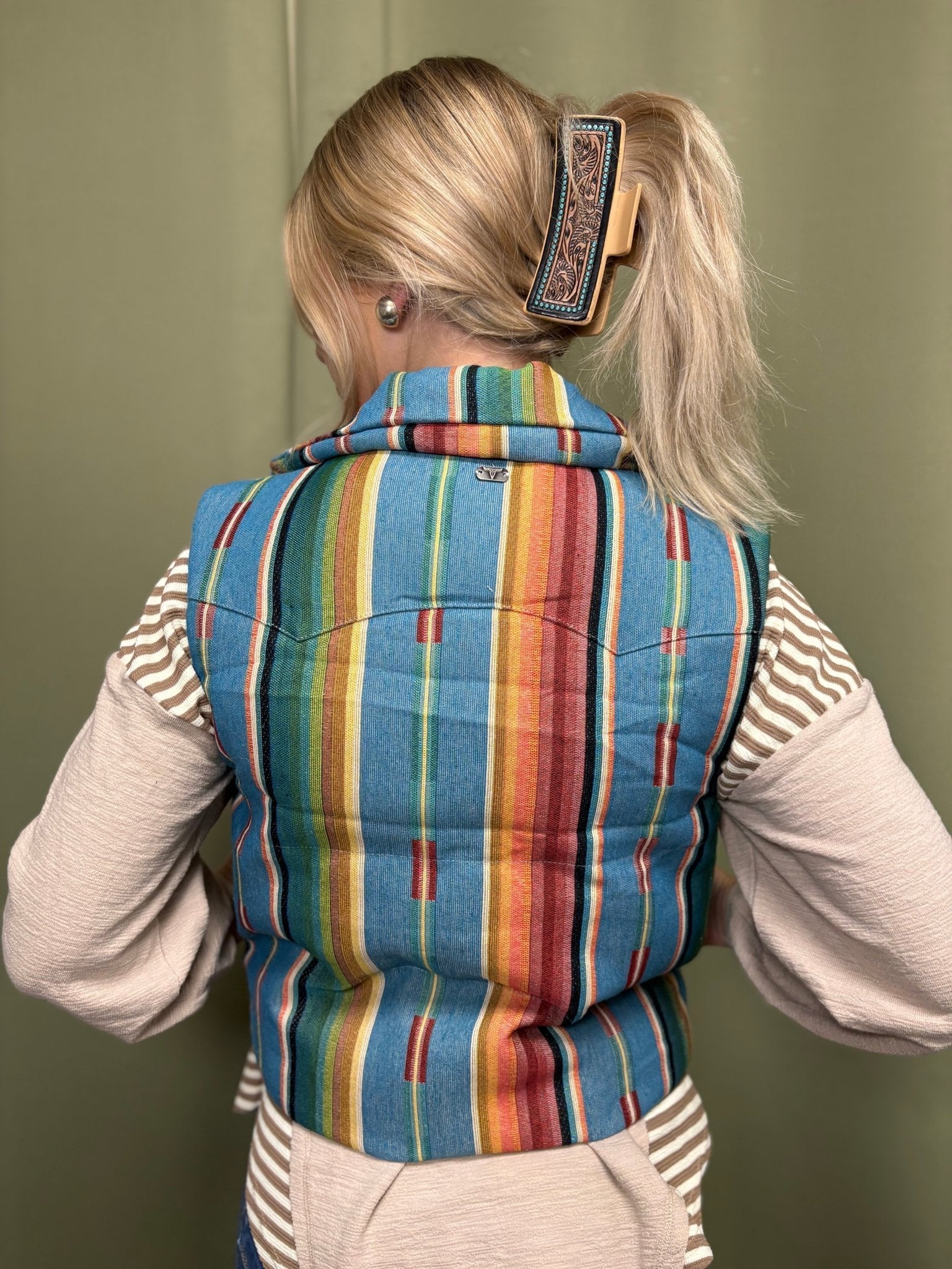 LUCKY & BLESSED Jade Serape Western Woven Zip-Up Puffer Vest — Vivid Southwestern Print with Stand-Up Collar - Rooted & Reckless Co.