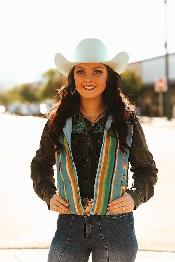 LUCKY & BLESSED Jade Serape Western Woven Zip-Up Puffer Vest — Vivid Southwestern Print with Stand-Up Collar - Rooted & Reckless Co.