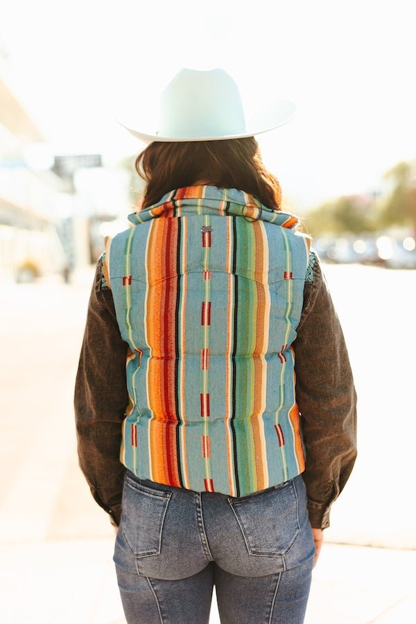 LUCKY & BLESSED Jade Serape Western Woven Zip-Up Puffer Vest — Vivid Southwestern Print with Stand-Up Collar - Rooted & Reckless Co.