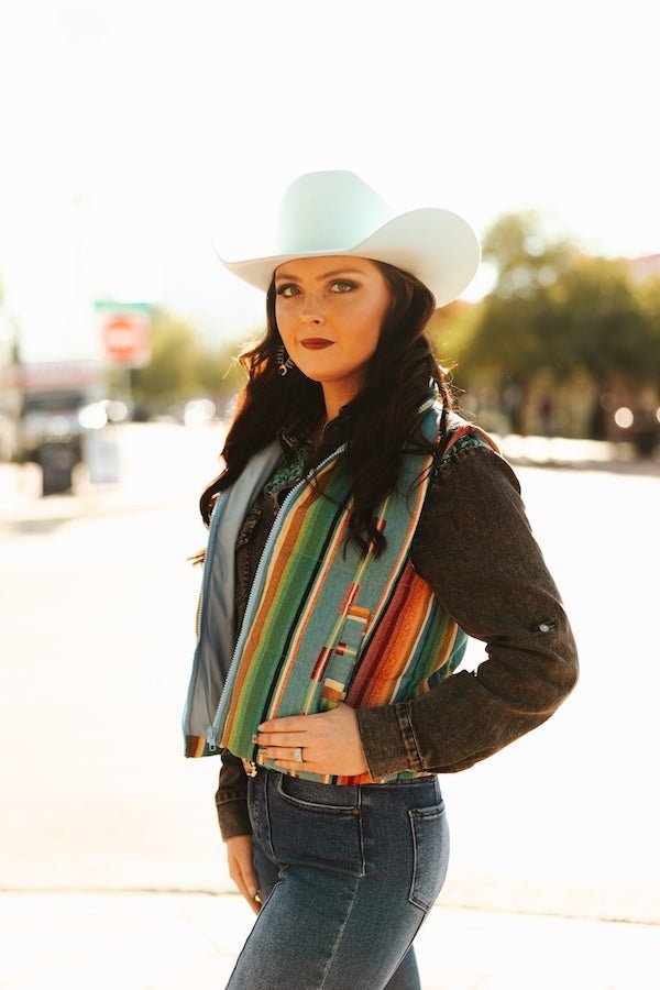 LUCKY & BLESSED Jade Serape Western Woven Zip-Up Puffer Vest — Vivid Southwestern Print with Stand-Up Collar - Rooted & Reckless Co.