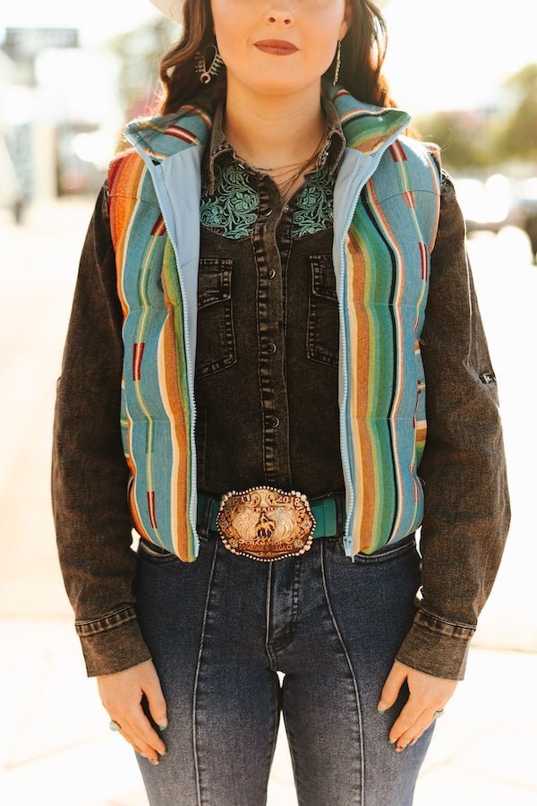 LUCKY & BLESSED Jade Serape Western Woven Zip-Up Puffer Vest — Vivid Southwestern Print with Stand-Up Collar - Rooted & Reckless Co.