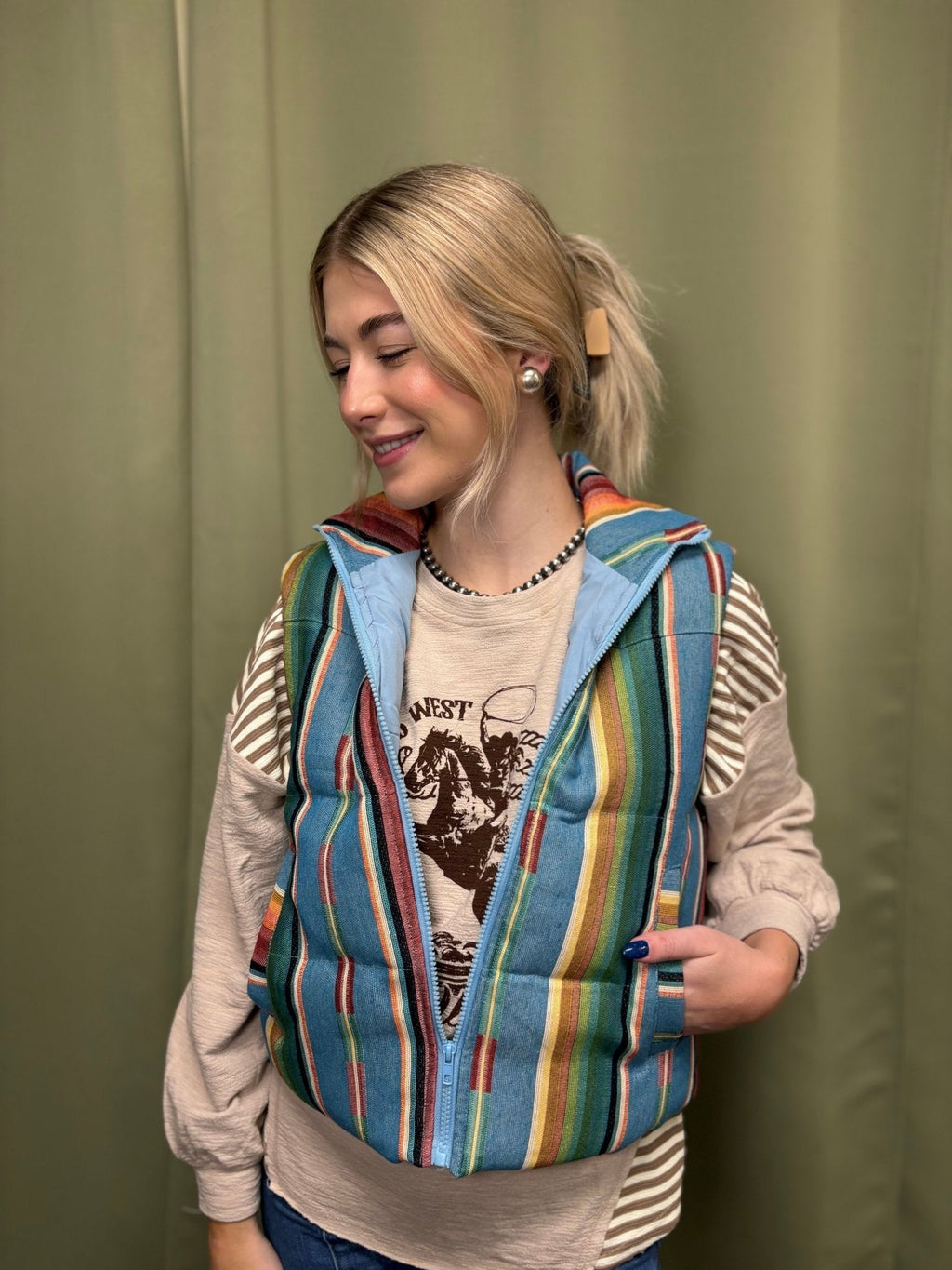 LUCKY & BLESSED Jade Serape Western Woven Zip-Up Puffer Vest — Vivid Southwestern Print with Stand-Up Collar - Rooted & Reckless Co.