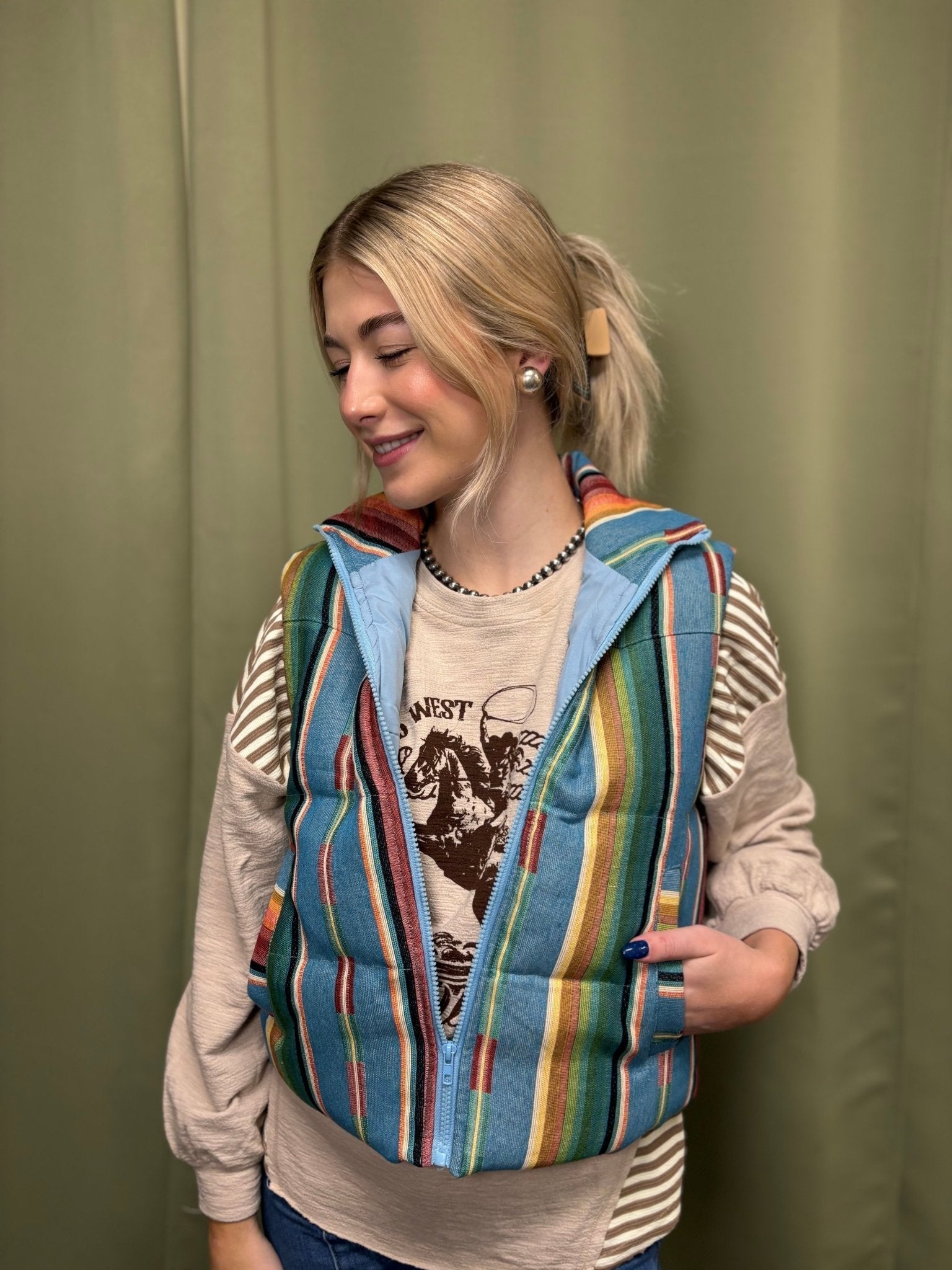 LUCKY & BLESSED Jade Serape Western Woven Zip-Up Puffer Vest — Vivid Southwestern Print with Stand-Up Collar - Rooted & Reckless Co.