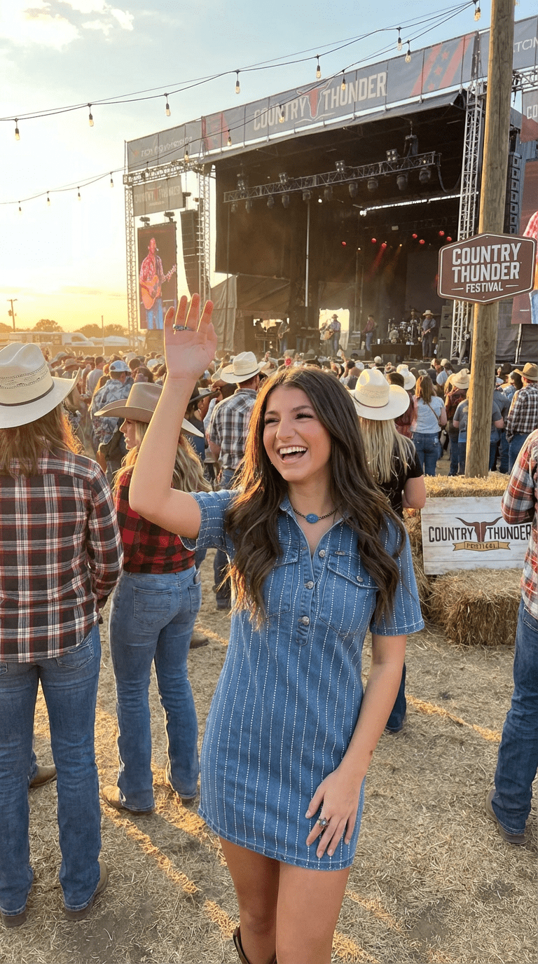 LUCKY & BLESSED Light Wash Denim Rhinestone Striped Western Mini Dress — Stretch Denim with Shimmering Pinstripes - Rooted & Reckless Co.