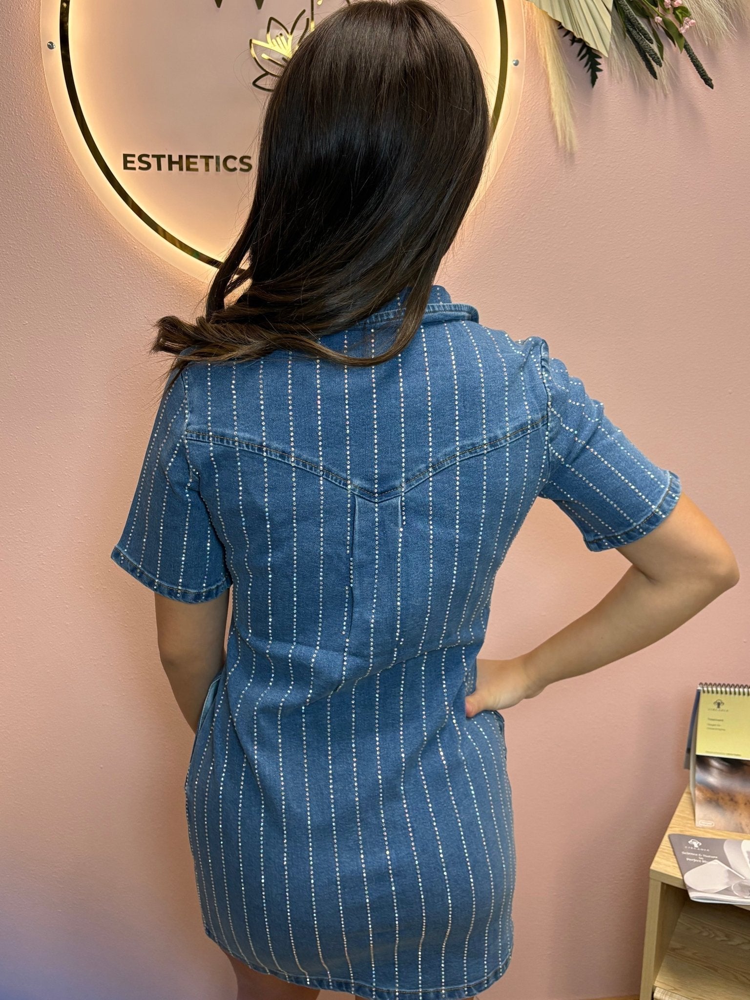 LUCKY & BLESSED Light Wash Denim Rhinestone Striped Western Mini Dress — Stretch Denim with Shimmering Pinstripes - Rooted & Reckless Co.