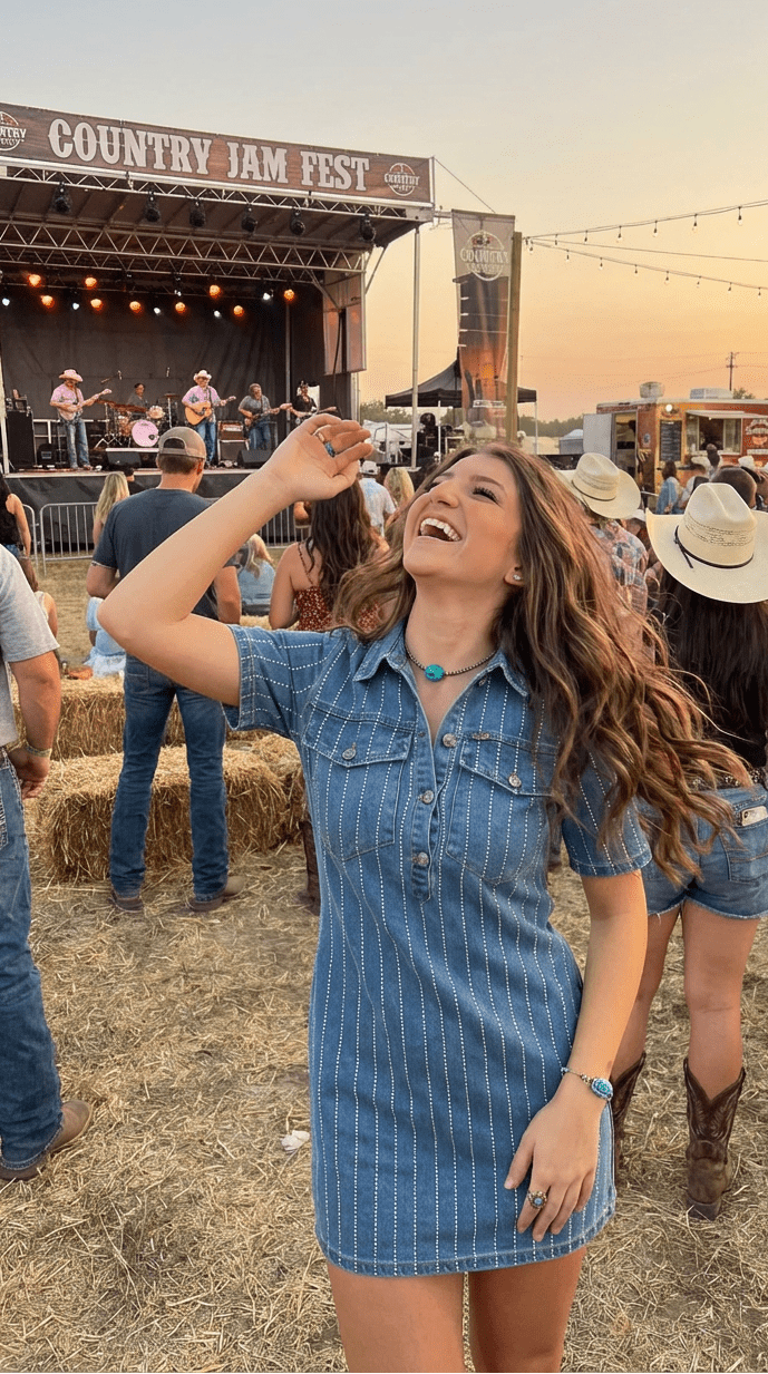 LUCKY & BLESSED Light Wash Denim Rhinestone Striped Western Mini Dress — Stretch Denim with Shimmering Pinstripes - Rooted & Reckless Co.