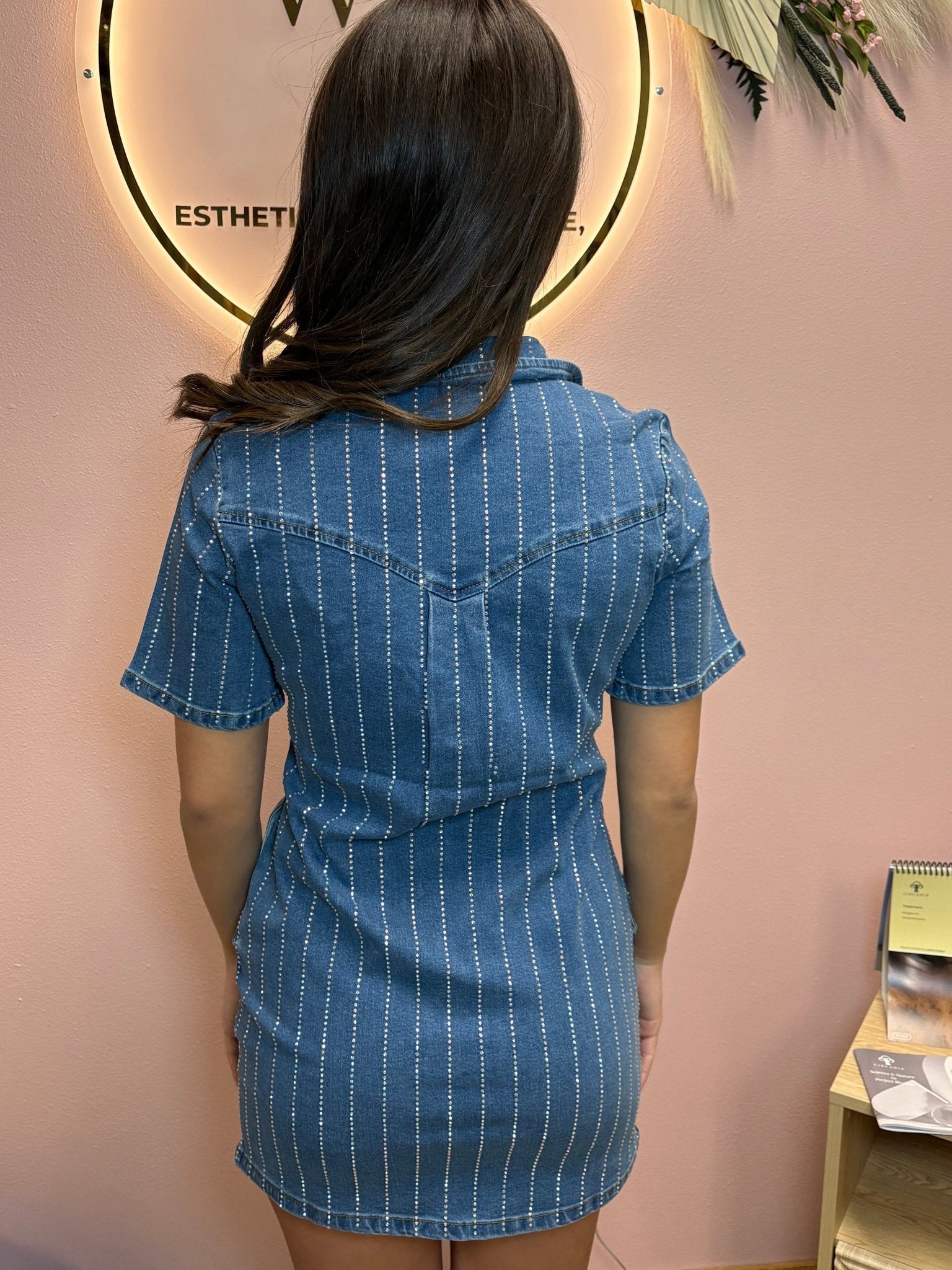 LUCKY & BLESSED Light Wash Denim Rhinestone Striped Western Mini Dress — Stretch Denim with Shimmering Pinstripes - Rooted & Reckless Co.